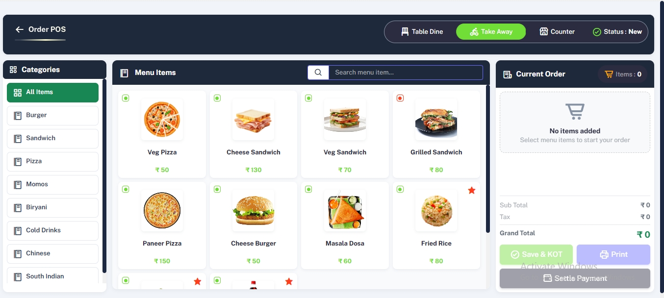 TrueWeb restaurant POS interface for cafe billing and order management in Katni